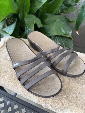 CROCS Women's Taupe Multi-Strap Slide Sandals